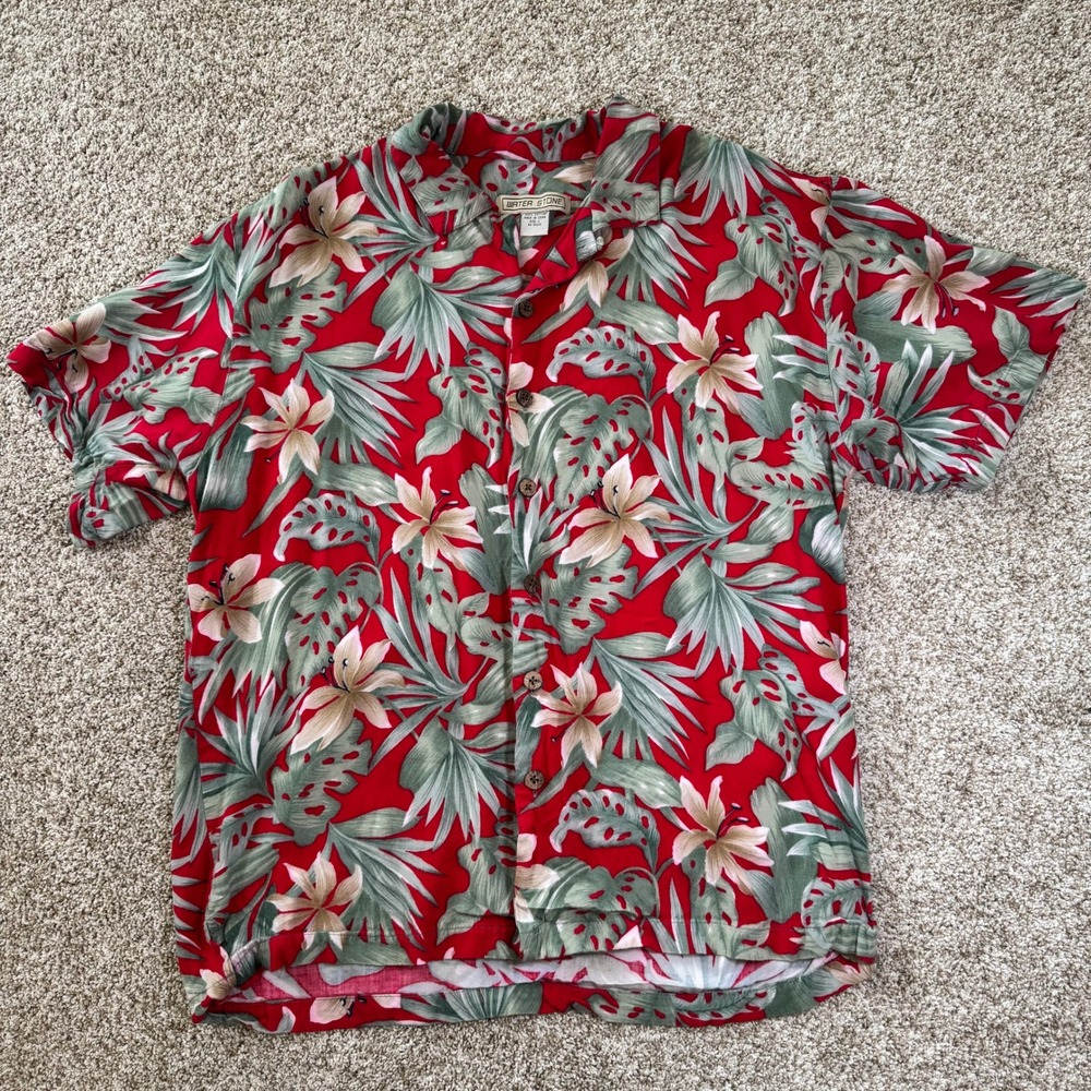 Water Stone Mens‎ Large Red Tropical Floral Cotton Hawaiian Wood Button Shirt